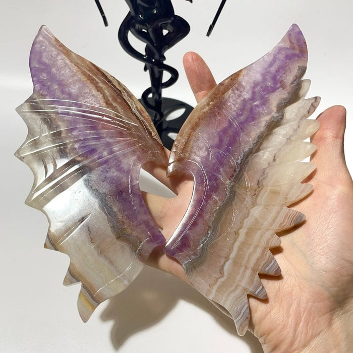 2 Pairs Amethyst Mixed Striped Agate Demon And Angel Wing Carving With Stand