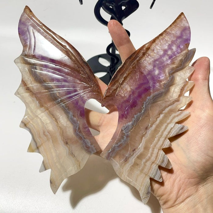 2 Pairs Amethyst Mixed Striped Agate Demon And Angel Wing Carving With Stand