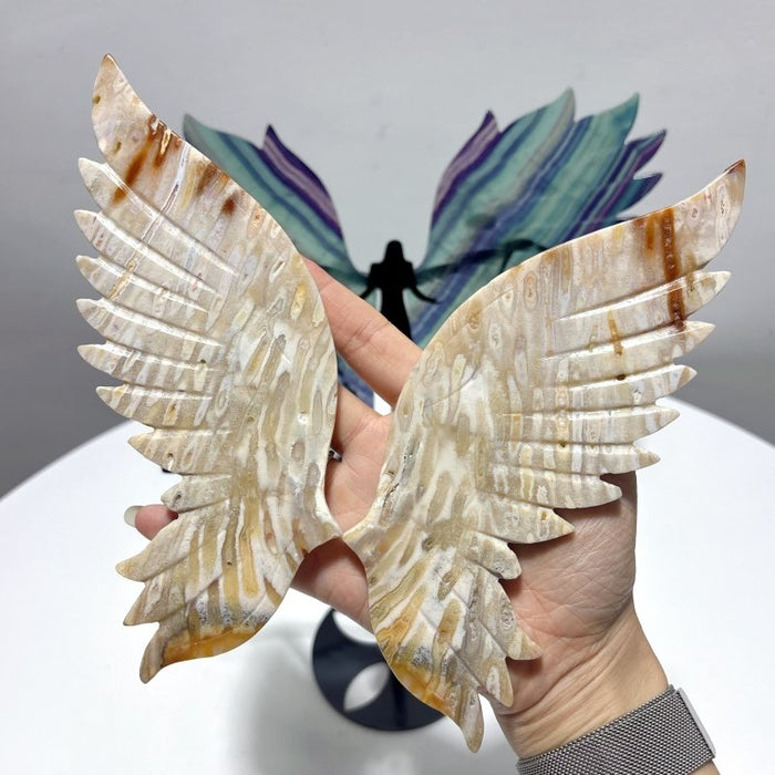 2 Pairs Angel Wing With Stand Fluorite Coral Jade