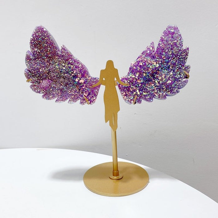 2 Pairs Aura Quartz Cluster Angel Wing Carving With Stand