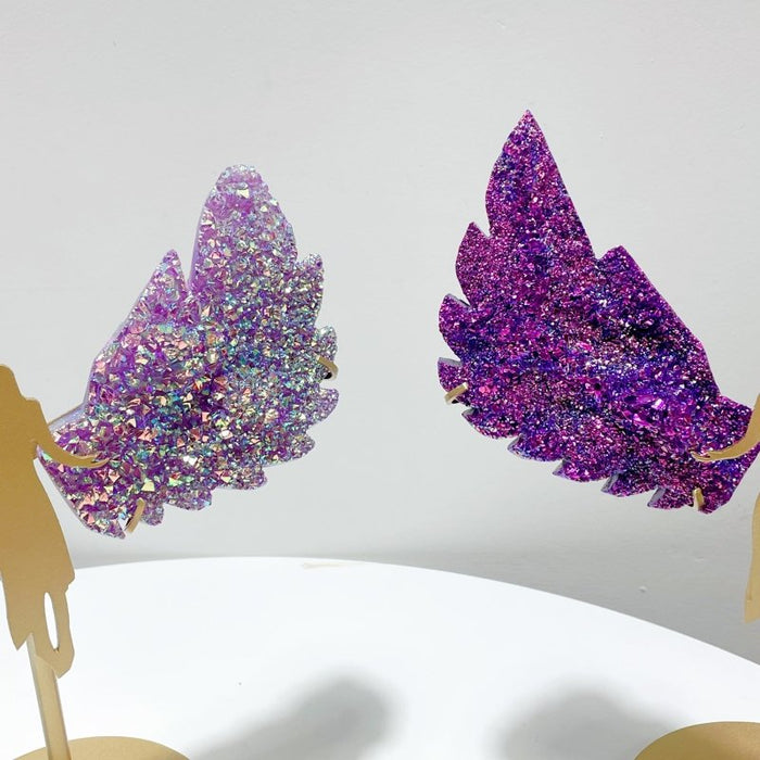 2 Pairs Aura Quartz Cluster Angel Wing Carving With Stand