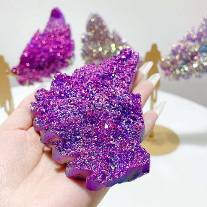 2 Pairs Aura Quartz Cluster Angel Wing Carving With Stand