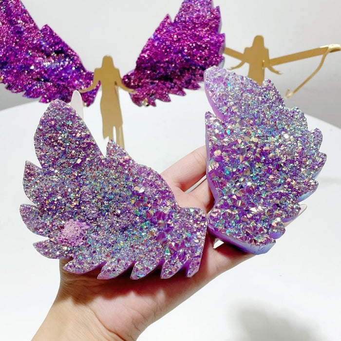 2 Pairs Aura Quartz Cluster Angel Wing Carving With Stand