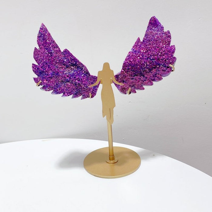 2 Pairs Aura Quartz Cluster Angel Wing Carving With Stand