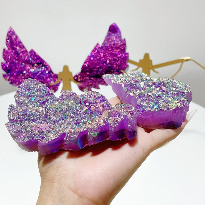 2 Pairs Aura Quartz Cluster Angel Wing Carving With Stand