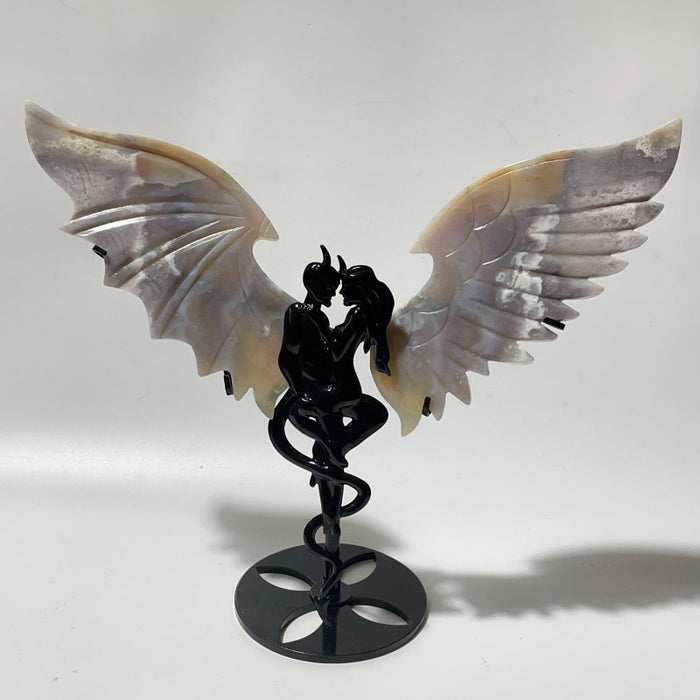 2 Pairs Beautiful Agate Demon And Angel Wing Carving With Stand