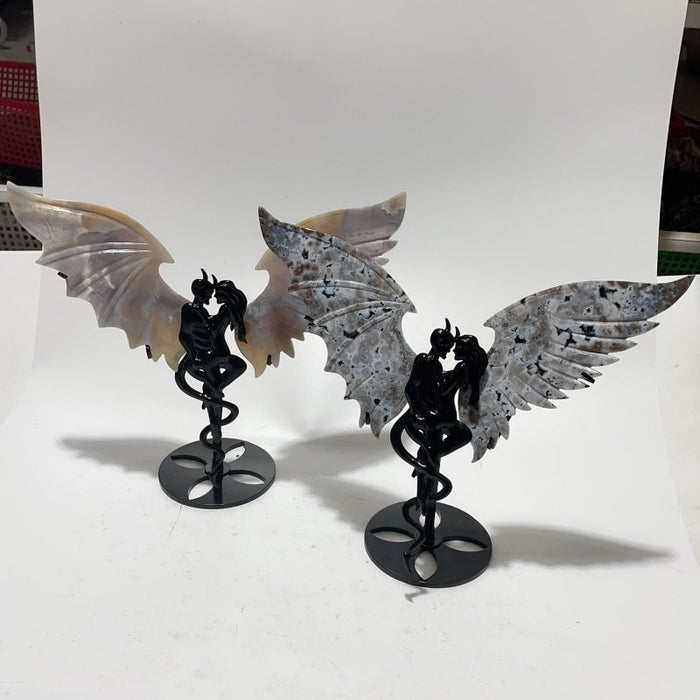 2 Pairs Beautiful Agate Demon And Angel Wing Carving With Stand