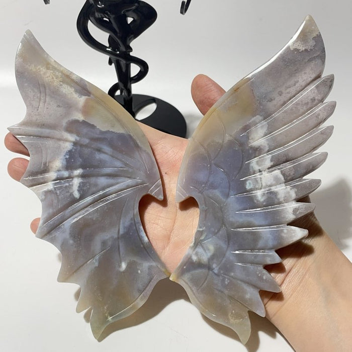 2 Pairs Beautiful Agate Demon And Angel Wing Carving With Stand