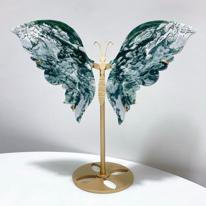 2 Pairs Beautiful Moss Agate Butterfly Wing With Stand