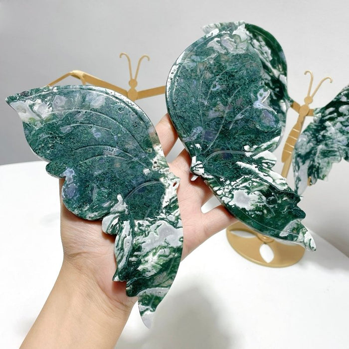 2 Pairs Beautiful Moss Agate Butterfly Wing With Stand