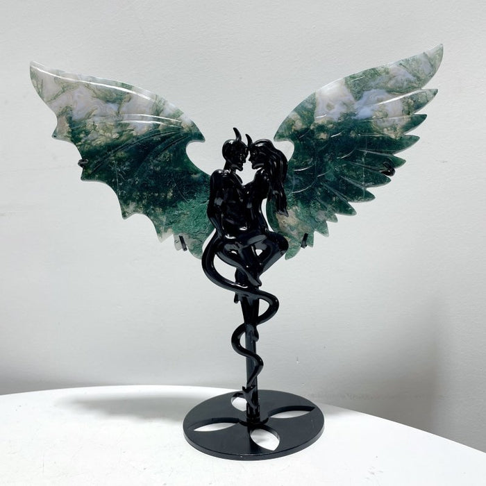 2 Pairs Beautiful Moss Agate Demon And Angel Wing Carving With Stand