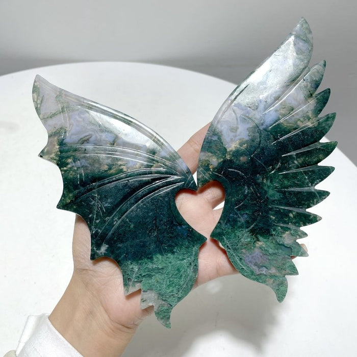 2 Pairs Beautiful Moss Agate Demon And Angel Wing Carving With Stand