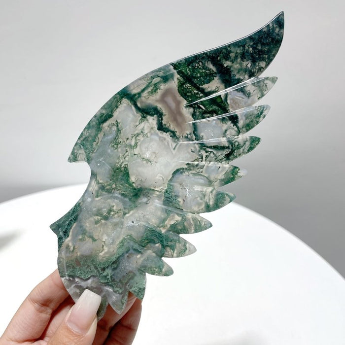 2 Pairs Beautiful Moss Agate Demon And Angel Wing Carving With Stand