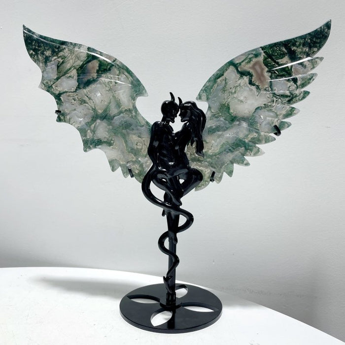 2 Pairs Beautiful Moss Agate Demon And Angel Wing Carving With Stand
