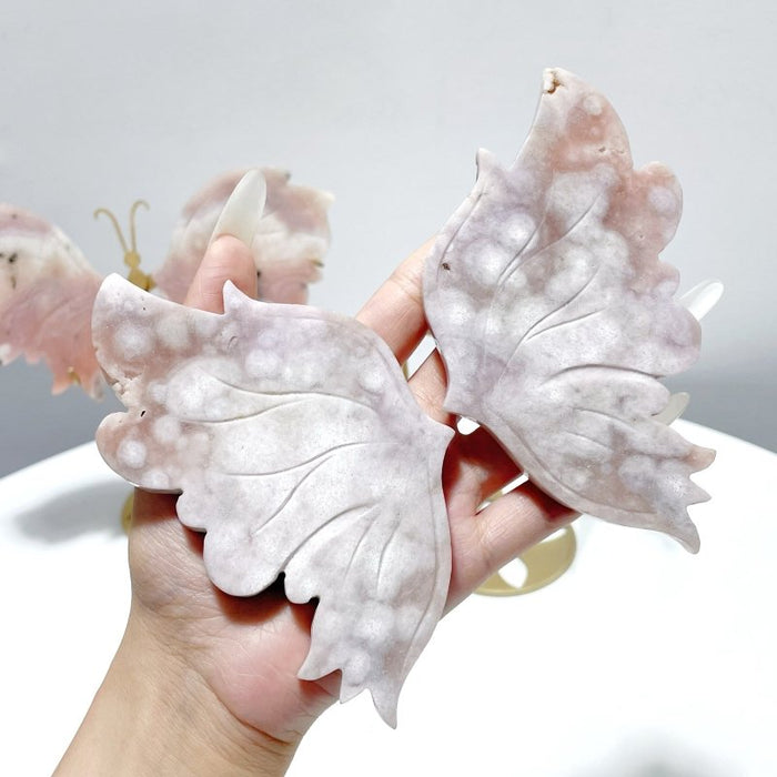 2 Pairs Beautiful Pink Sakura Agate Butterfly Wing Carving With Stand