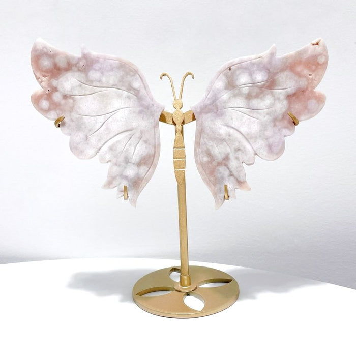 2 Pairs Beautiful Pink Sakura Agate Butterfly Wing Carving With Stand