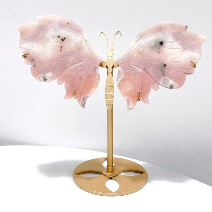 2 Pairs Beautiful Pink Sakura Agate Butterfly Wing Carving With Stand