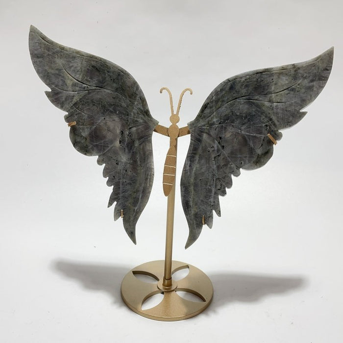 2 Pairs Butterfly Wing Carving With Stand Labradorite Crazy Agate