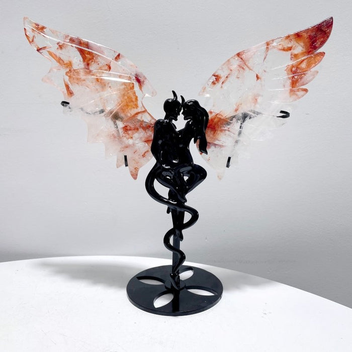 2 Pairs Demon and Angel Wing Carving With Stand Fire Quartz