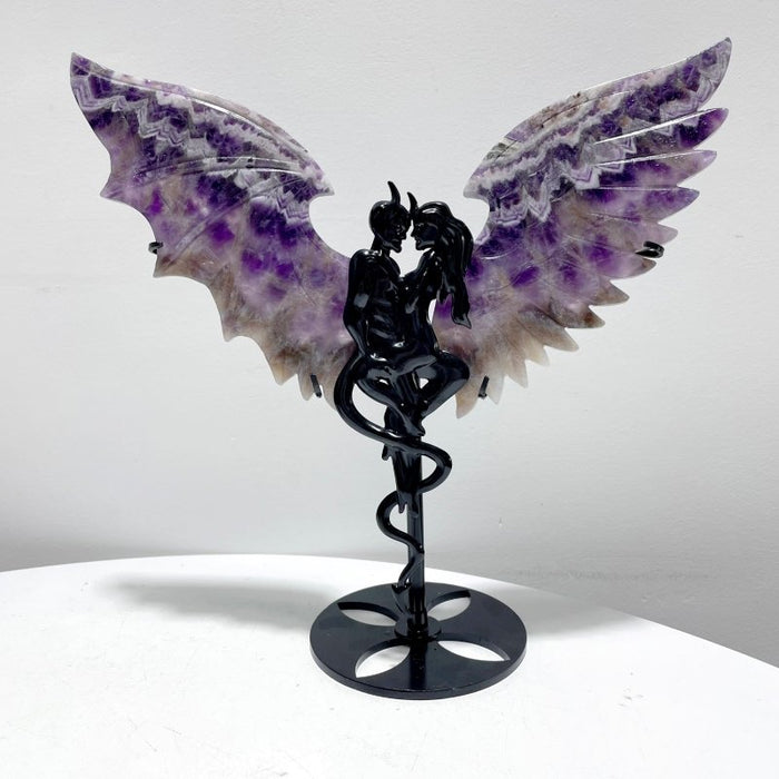 2 Pairs Demon and Angel Wing Carving With Stand Fire Quartz