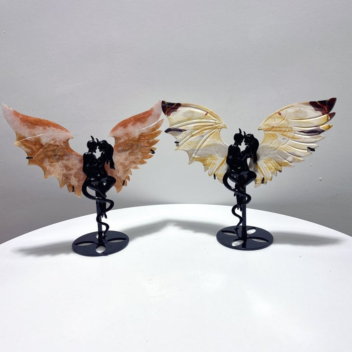 2 Pairs Demon And Angel Wing Carving With Stand Pink Flower Agate Mookaite