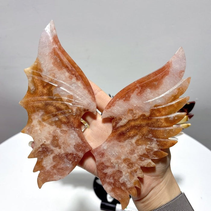 2 Pairs Demon And Angel Wing Carving With Stand Pink Flower Agate Mookaite