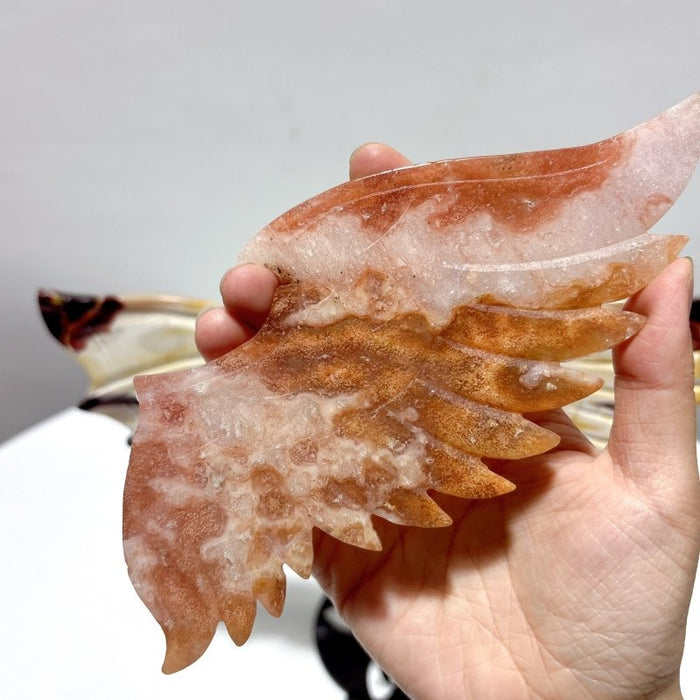 2 Pairs Demon And Angel Wing Carving With Stand Pink Flower Agate Mookaite