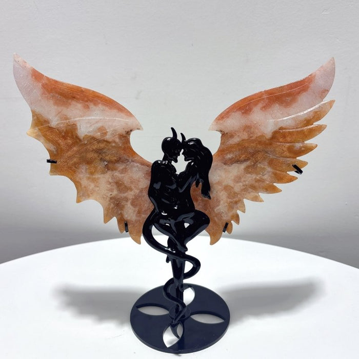 2 Pairs Demon And Angel Wing Carving With Stand Pink Flower Agate Mookaite