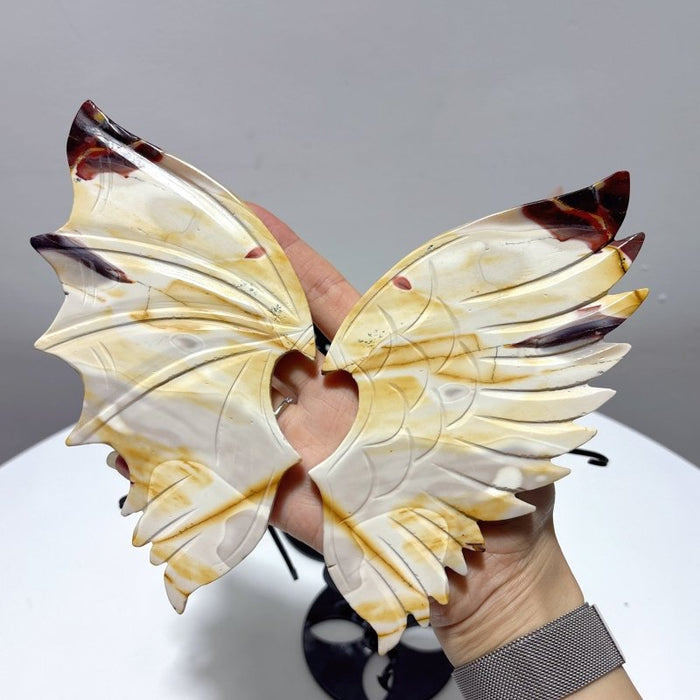 2 Pairs Demon And Angel Wing Carving With Stand Pink Flower Agate Mookaite