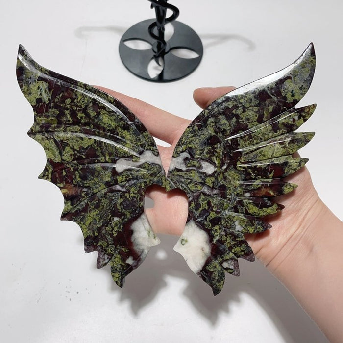 2 Pairs Dragon Blood Stone Demon And Angel Wing Carving With Stand