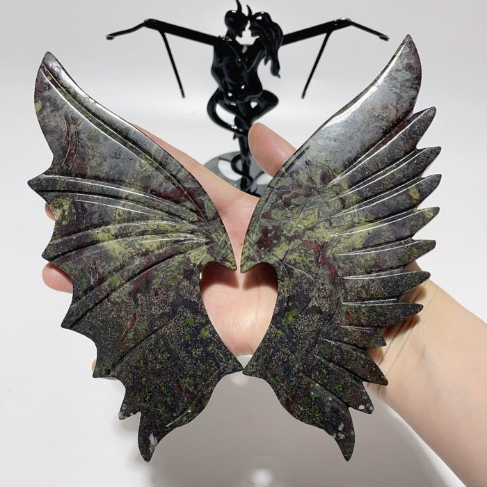 2 Pairs Dragon Blood Stone Demon And Angel Wing Carving With Stand