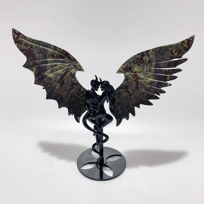 2 Pairs Dragon Blood Stone Demon And Angel Wing Carving With Stand