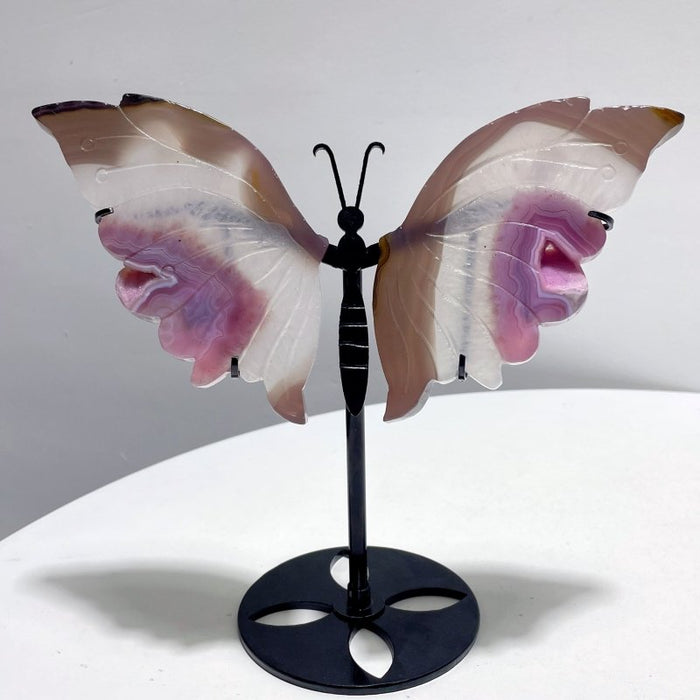 2 Pairs Dyed Geode Agate Butterfly Carving With Stand