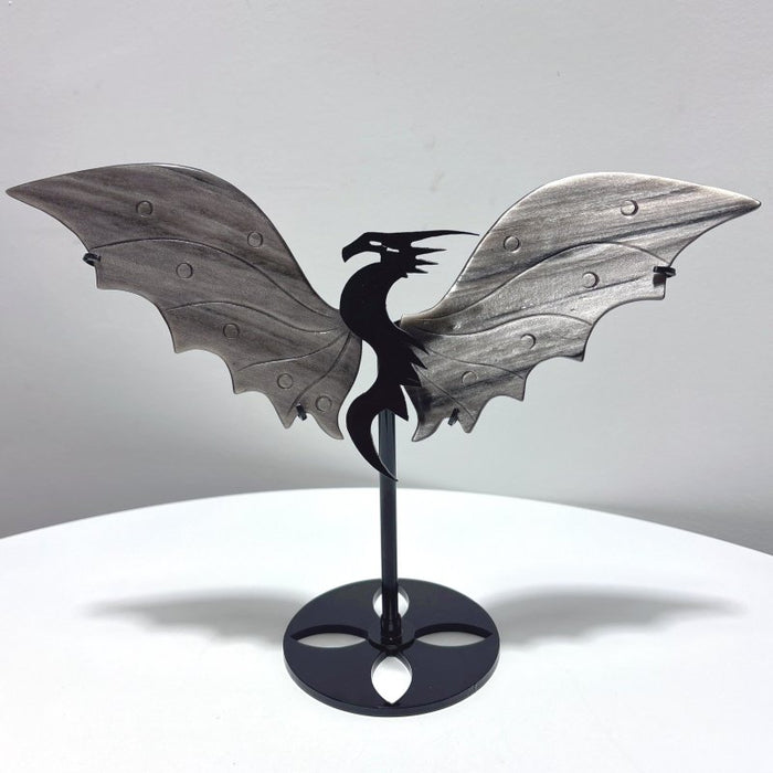 2 Pairs Flying Dragon Wing With Stand Fire Quartz Silver Obsidian
