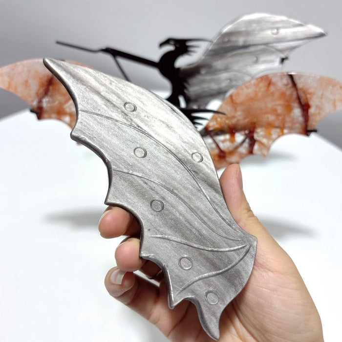 2 Pairs Flying Dragon Wing With Stand Fire Quartz Silver Obsidian