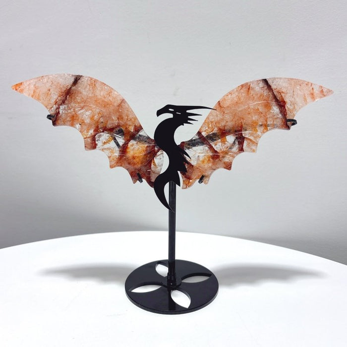 2 Pairs Flying Dragon Wing With Stand Fire Quartz Silver Obsidian