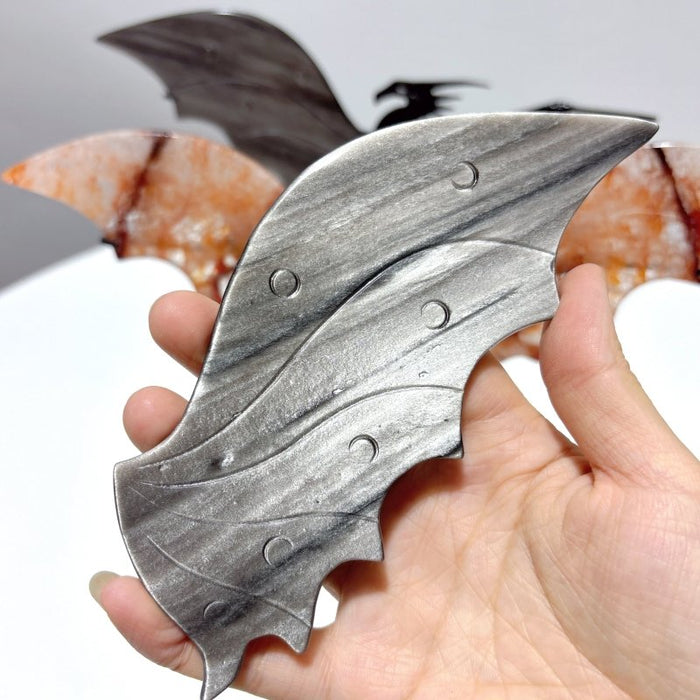 2 Pairs Flying Dragon Wing With Stand Fire Quartz Silver Obsidian
