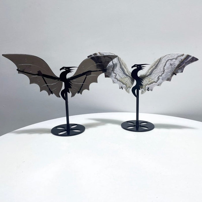 2 Pairs Flying Dragon Wing With Stand Morocco Agate Ice Obsidian