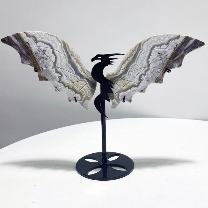 2 Pairs Flying Dragon Wing With Stand Morocco Agate Ice Obsidian
