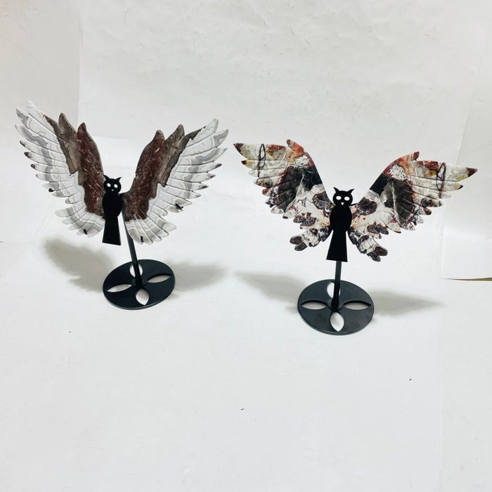 2 Pairs Morocco Agate Symmetry Owl Wing Carving With Stand