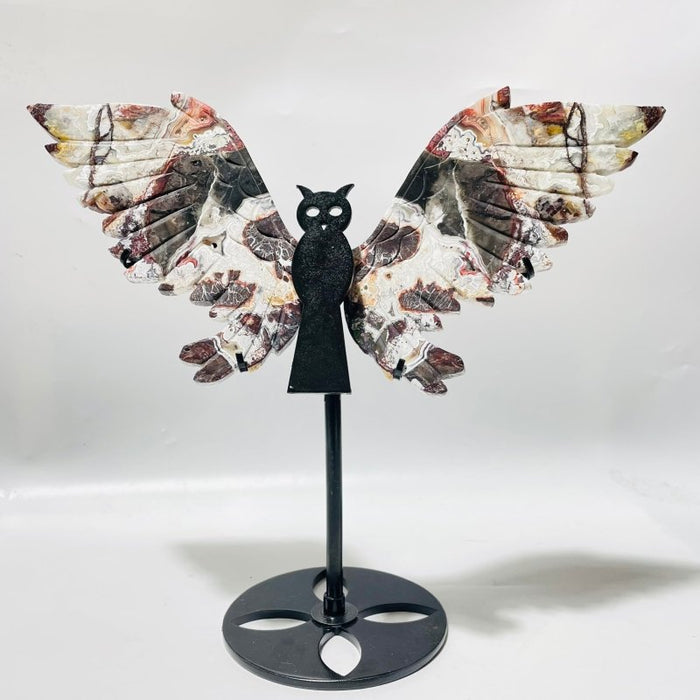 2 Pairs Morocco Agate Symmetry Owl Wing Carving With Stand