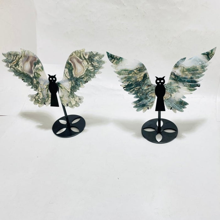 2 Pairs Moss Agate Symmetry Owl Wing Carving With Stand