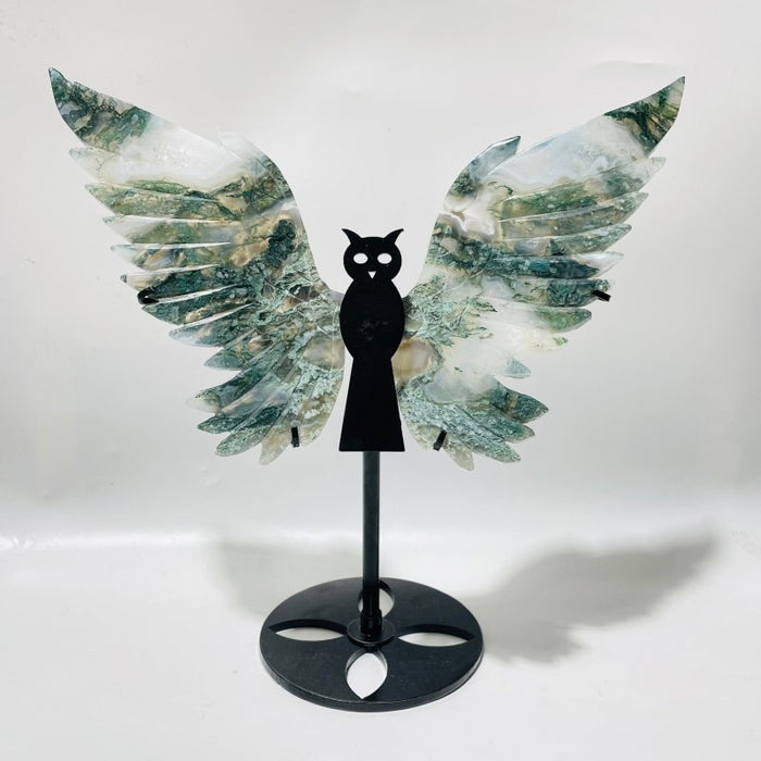 2 Pairs Moss Agate Symmetry Owl Wing Carving With Stand