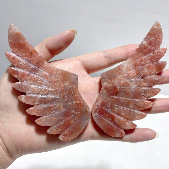 2 Pairs Pink Agate Pegasus Wing Crystal Carving With Stand