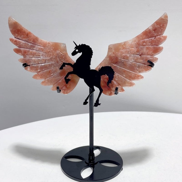 2 Pairs Pink Agate Pegasus Wing Crystal Carving With Stand