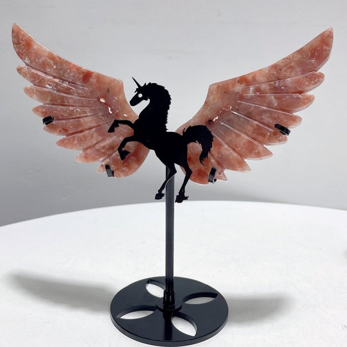 2 Pairs Pink Agate Pegasus Wing Crystal Carving With Stand