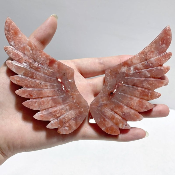 2 Pairs Pink Agate Pegasus Wing Crystal Carving With Stand