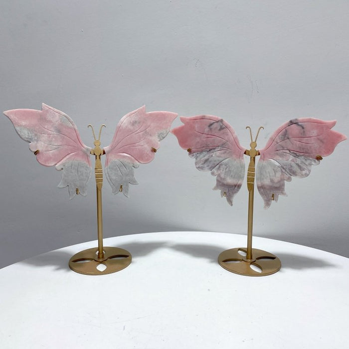 2 Pairs Pink Opal Butterfly Wing Carving With Stand