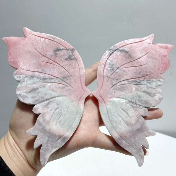 2 Pairs Pink Opal Butterfly Wing Carving With Stand