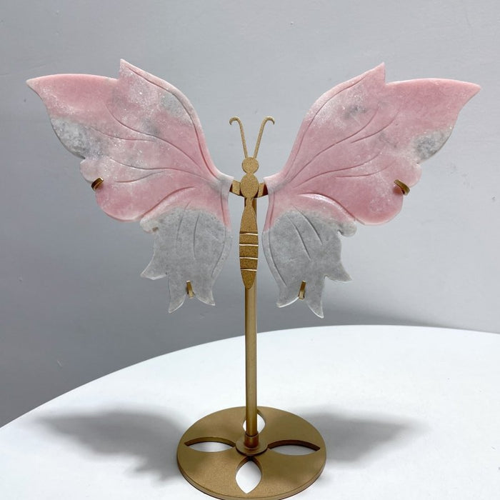 2 Pairs Pink Opal Butterfly Wing Carving With Stand
